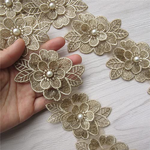 2 Yards 3D Flower Lace Trim Pearl Embroidered Polyester Lace Ribbon Fabric Applique Patchwork for Wedding Dress Handmade DIY Sewing Craft Supplies Decoration (Gold) - color: Gold