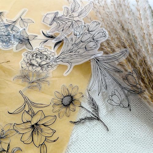 50Pcs Black Transparent Waterproof Plant Stickers for Scrapbooking, Journaling & Crafts – Floral & Botanical Decals for Resin Art Projects, Planners, Cards, Gifts - color: Black Plants