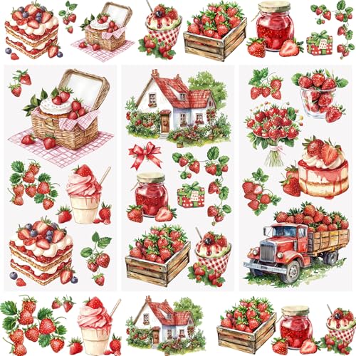 WANDIC 3 Sheets Rub on Transfer Stickers, Strawberry Idyllic Waterproof Transfer Decals Picnic Fruit Stickers for Crafts Furniture DIY Crafts Decoration,15 * 30cm - color: Strawberry