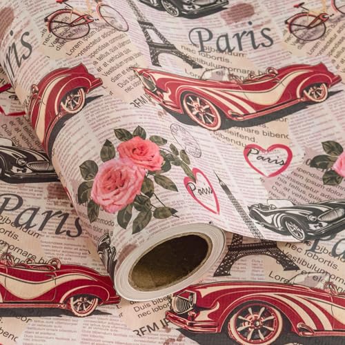 WRAPAHOLIC Kraft Vintage Car Wrapping Paper Roll - Mini Roll - 17 Inch x 16.5 Feet - Retro Paris Classic Car and Rose Newspaper Wrapping Paper for Birthday, Wedding, Anniversary, Bridal Shower - color: Kraft Newspaper - Paris & Car