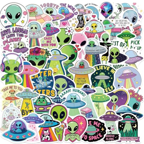 54PCS Alien UFO Stickers, Cute Space Vinyl Decals for Water Bottles Laptop - color: Alien Ufo