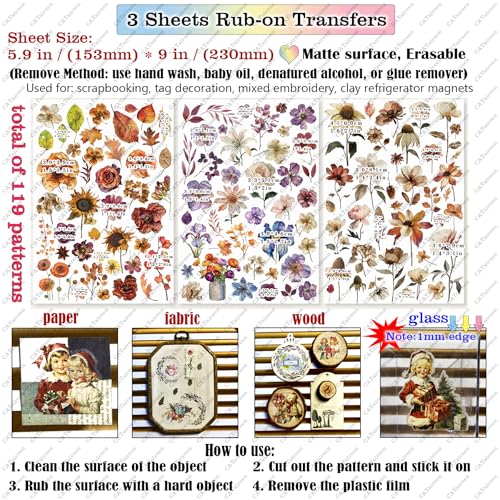CATaireen Rub on Transfers for Crafts Vintage Scrapbooking Stickers Small Decals Adults Journaling DIY Supplies Use for Fabric Paper Wood Stone Canvas Acrylic Cloth (Fallen Leaves) - style: Fallen Leaves