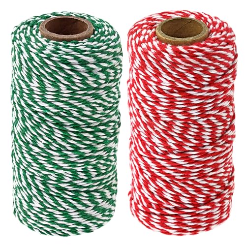 Cotton Twine String, 656 Feet Holiday Bakers Twine String Rope, Christmas Twine Cord for Gift Wrapping, Craft Making (Red Green, 2pcs)