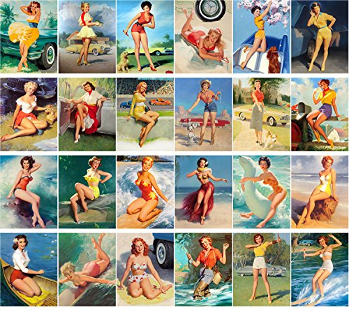 Pinup Postcard Pack 24pcs Sexy Girls and Classic Cars Vintage Sport Magazine Pinup - color: White