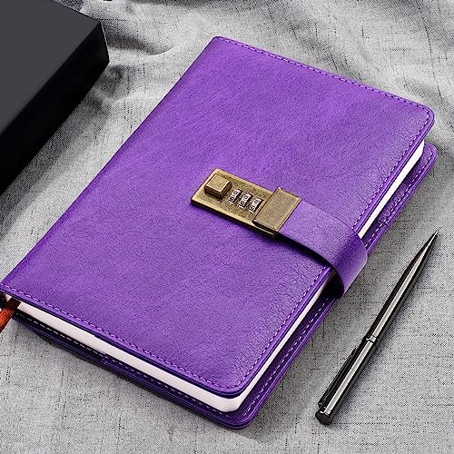 WEMATE Diary with Lock, A5 PU Leather Journal with Lock 240 Pages Purple | Vintage Lock Journal Password Notebook with Pen & Gift Box, Lock Diary Planner Organizer for Men and Women, 8.6x5.8in - color: Purple
