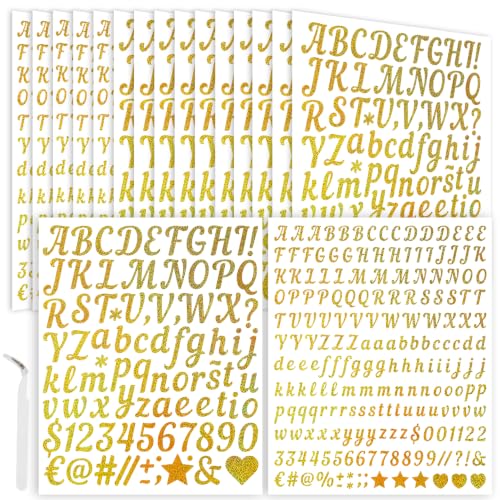 Gold Letter Stickers 0.5 Inch & 1 Inch, 15 Sheets Vinyl Cursive Gold Alphabet Number Stickers, Faux Glitter Golden Script Letter Stickers for Cards Envelopes Gift Wrap Invitations Planner Craft DIY - style: Gold Script 0.5" & 1" - 15 Sheets