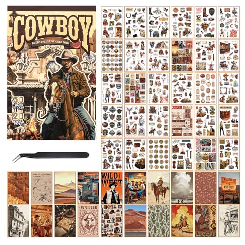 Vintage Ephemera Washi Scrapbook Sticker Book for Scrapbooking - 30 Sheets 500+ Journaling Stickers and 20 A5 Scrapbook Papers for for Junk Journals, Scrap Book Supplies for DIY Arts Crafts for Adults - color: Cowboy
