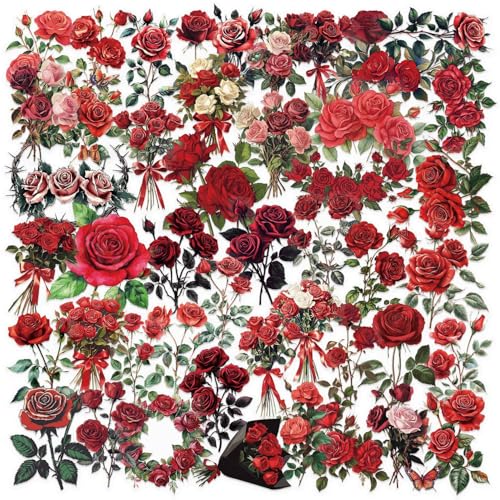 50 Pcs Vintage Red Rose Stickers for Scrapbooking – Retro Floral Clear Botanical Flower Stickers for Journaling, Aesthetic Decor, Collage, Cards Crafts - color: Red Rose
