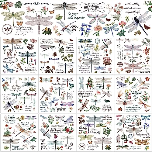 BBTO 12 Sheets Rub on Transfers for Crafts Wood Furniture DIY, 5.5" x 5.7" | Summer Dragonfly Designs, Rub on Transfer for Crafting, Flower Sticker Decals on Paper Home Decor, Easy Application - style: Dragonfly