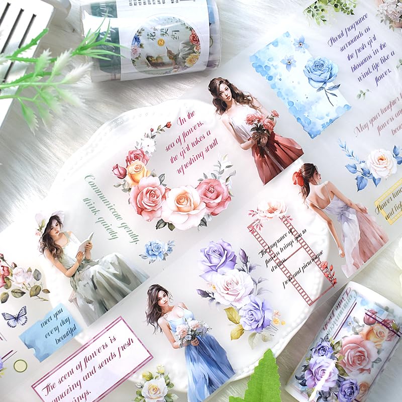 New Popular PET Tape Modern Girls Collage Glossy Washi Tape for Decoration Small Fresh Flower Materials (90723) - color: 90723
