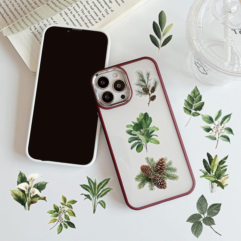 50-Piece Transparent Waterproof Greenery Plant Stickers for Scrapbooking, Journaling & Crafting – Realistic Botanical Leaves, Ferns, and Tropical Plants, Self-Adhesive Decorative Stickers - color: Green Plant
