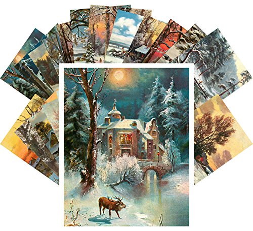 PIXILUV Vintage PostCards 24 pcs Winter Rural Life Christmas Landscapes Vintage Art - color: Green
