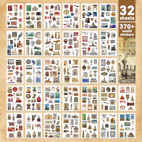 52 Sheets World Travel Stickers & Scrapbook Paper Set - Vintage Travel Themed for Scrapbooking Journaling Junk Journal Planner - Retro Adventure Stickers for DIY Crafts - color: Travel Scrapbook Stickers, style: Art Deco