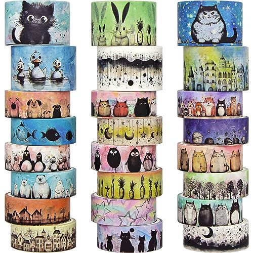 Kawaii Washi Tape Set 24 Rolls - Cute Animals for Scrapbook Journal Craft | 24 rolls cute animal designs, 1.5cm & 2.5cm widths, 3m each, easy tear, no residue, kawaii scrapbook & journal decor