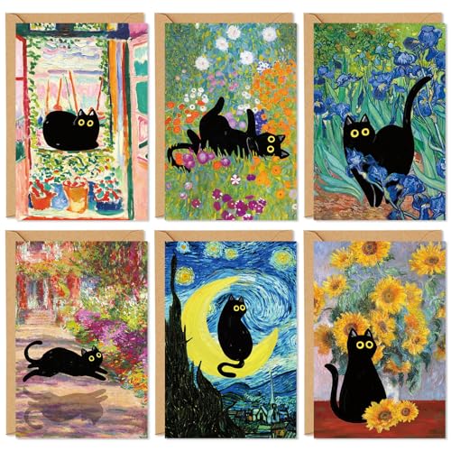 FYSUIMU 36 Pack Black Cat Painting Greeting Card Floral Animal Blank Note Card With Envelope Matching Seal Sticker for Spring Party Favor Supplies, 4 x 6 Inch - style: Cat