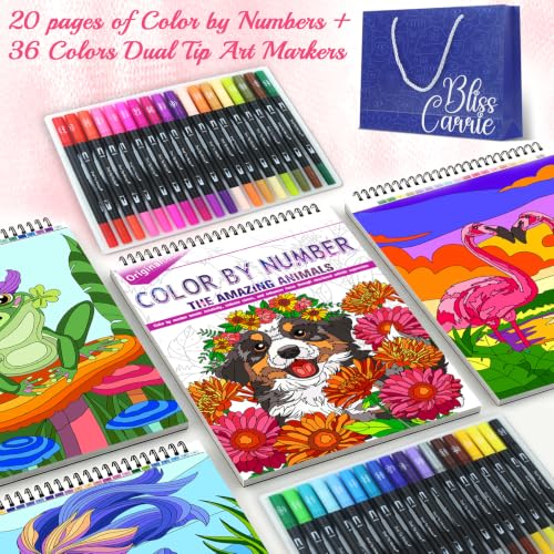 Color by Numbers with 36 Colors Markers, Paint by Numbers Kit for Adult | Color by Number Coloring Book with Dual-Tip Markers, Spiral Bound & Single-Sided, Stress Relief & Creativity for Beginners