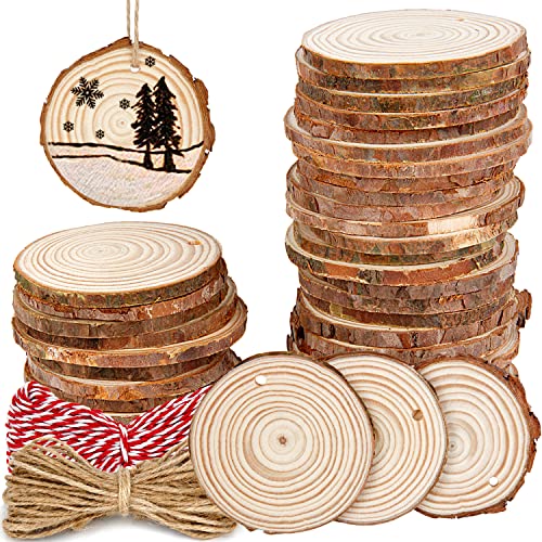 2.4-2.8IN Natural Wood Slices with Jute Twine for DIY Ornaments (50)