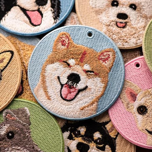 MC Fashion Round Embroidered Dog Portrait Keychain Charm - color: Brown Pomeranian