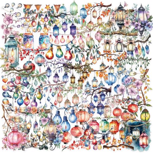 50PCS Watercolor Hanging Lantern and String Light Stickers – Clear Tree Branch Scrapbook Stickers for Journaling, Card Making, Planners, Crafts, Holiday Art Projects - color: Lights Branches