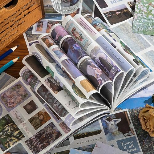 Vintage Scrapbook Stickers, 50 Sheets Aesthetic Oil Painting Sticker Book for Adults with 450pcs Washi Stickers and 20 Sheets Scrapbook Paper Ephemera Sticker Book for Junk Journal Journaling Supplies - color: Oil Painting