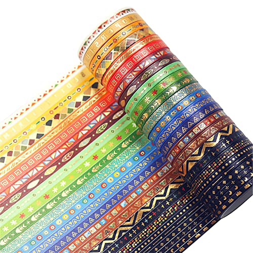 Dizdkizd Slim Washi Tape, Foil Gold Washi Tape Skinny for Planners Scrapbooks Cards Decoration, Tribal Ethnic Patterns, 3mm/5mm, 3m per Roll, A Set of 26 Rolls