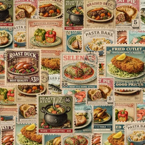 (12pcs-3in) Vintage Postage Stamp Stickers Dinner Recipe Pack - color: Vintage Retro Food