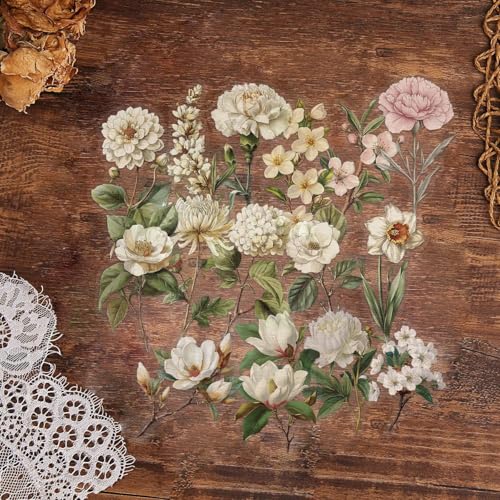 50pcs White Flower Scrapbook Stickers – Vintage Botanical Clear Floral Aesthetic Stickers for Journaling, Scrapbooking, Cards, Planners - color: White Flower