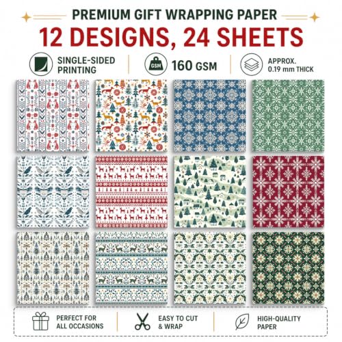 24 Sheets Christmas Scrapbooking Paper Pad - 6inch Patterns Designed Supplies for Valentine Christmas DIY Crafts Cardstock Material Journals Collage Diary Gift Folded Wrapping