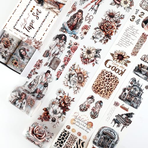 Dizdkizd Washi Tape Set, 4 Pre-Cut Animal Print PET & Washi Tapes Stickers with Diverse Sexy Women, Flowers, Adult Journaling Supplies for Collage Scrapbooks Craft Project - color: Brown