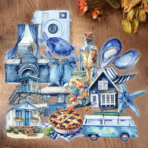 50 Pcs Beach Stickers Waterproof Summer for Scrapbooking | Transparent vinyl decals with ocean-inspired summer beach designs. Perfect for journals, laptops, phone cases, water bottles - style: Beach Stickers