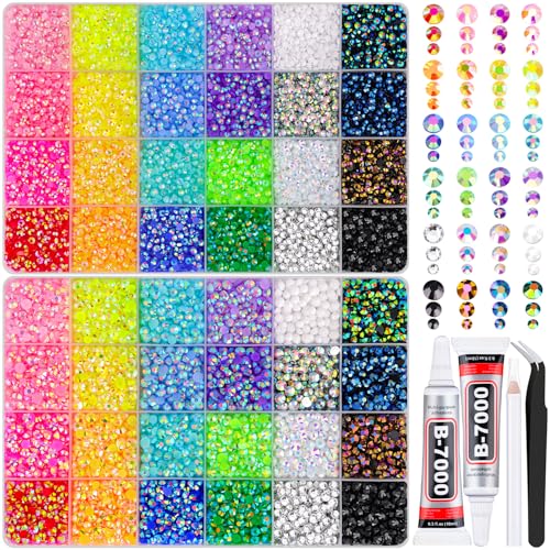 2 Boxes 3+4/5mm Jelly Rhinestones for Bedazzling, 22000Pcs Multicolor Flatback Resin Gems for Crafting, Bedazzler Kit with 2Pcs 10ml B7000 Jewelry Glue for DIY Crafts Book Fabric Decor Nail Art - color: 24 Colors Jelly AB| 3+4/5mm, size: Large Pack with G