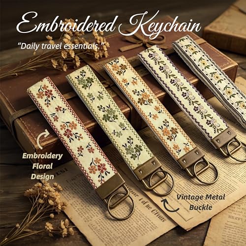 Boho Vintage Embroidered Wristlet Keychain for Women - color: Khaki-b