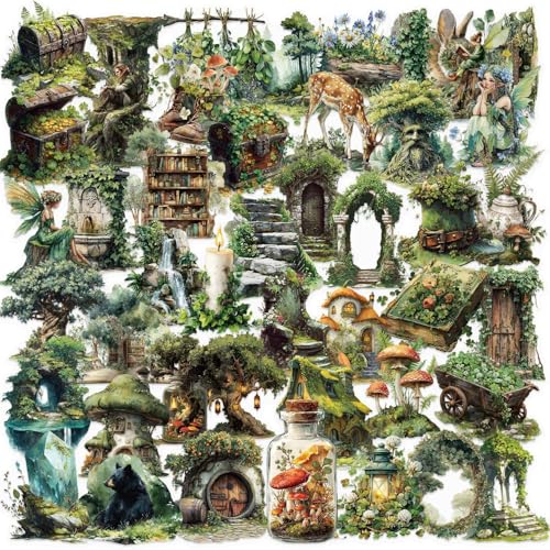 50 Pcs Enchanted Forest Stickers Waterproof for Scrapbooking | Transparent vinyl decals with magical woodland creature designs. Perfect for laptops, journals, water bottles, DIY crafts - style: Enchanted Forest