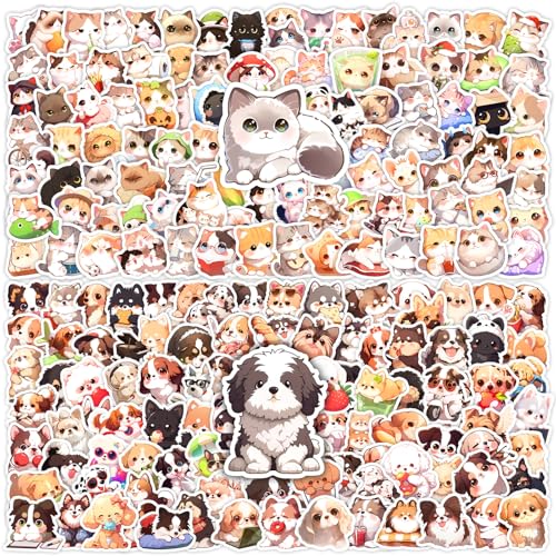 200 Pcs Cute Cartoon Cat and Dog Stickers Pack for Kids Adults | Kawaii Pet Cat Dog Mixed Sticker, Waterproof Vinyl Puppy Decals for Laptop,Water Bottle,Luggage, Pet Lover Party Favors - size: 200Pcs(Cats and Dogs)