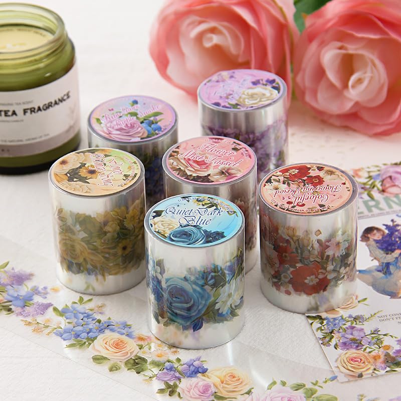 Alideco 6pcs Decorative Adhesive Tapes Fresh Literary Girl Botanical Flower Landscape PET Tape Great for Bullet Journal Supplies, Arts, Scrapbook, DIY Crafts, Planners (menghuaxianzong) - color: menghuaxianzong