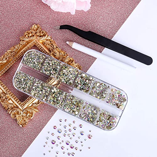3792pcs Crystal AB Flatback Rhinestones Glass Diamantes Round Gems for Crafts Nail, Makeup, Clothes, Mixed 6 Sizes with Wax Pencil and Tweezer Kit (SS6~SS20) - color: Crystal AB