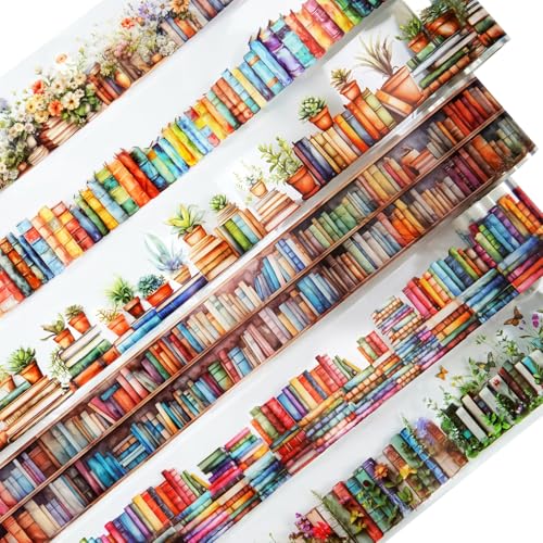 6 Rolls Book-Themed PET Tape for Scrapbook Journaling | Bookshelves, stacked books, flowers and plants in continuous designs for journals, collages and gift wrapping - style: Ocean of Books