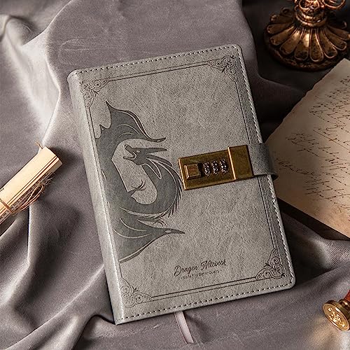 TIEFOSSI Dragon Leather Journal, Hardcover Notebook, Locked Refillable Diary, Lined/Blank Paper Writing Journals with Combination Lock for Men Women Child (Grey) - color: Grey 3