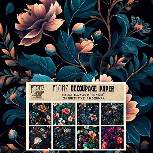 Decoupage Paper Pack (24 Sheets 6"x6") Flowers in The Night # Vintage Styled Pattern Paper for Decoupage, Craft and Scrapbooking - color: One