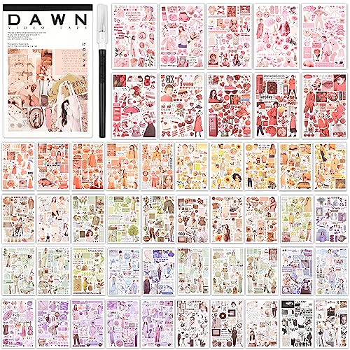 Vintage Washi Stickers for Scrapbooking, Scrapbook Stickers for Junk Journals, 50 Sheets Aesthetic Sticker Book for Journaling Supplies,Art Bullet Journals for Adults Teens Girls with 1pcs Carving - color: Dawn Video