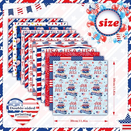 Konsait 24 Sheets Patriotic Double Sided Scrapbook Paper 12x12 Red White Blue 4th of July Pattern Paper with Stars & Stripes for Card Making, Junk Journaling, DIY Crafts and Holiday Decor