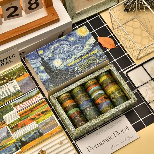 25 Rolls Starry Night Washi Tape Pack Van Gogh Oil Painting Arts Adhesive Tapes Gold Foil Decorative Masking Tape Sets for Craft, Kids, Scrapbook, DIY, Gift Wrapping