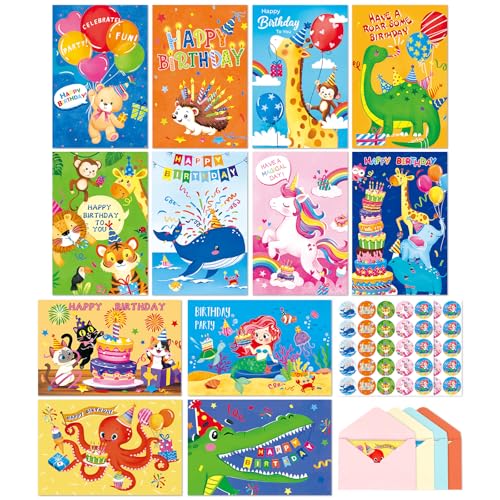 Happy Birthday Cards 48 Bulk Envelopes & Stickers 10x15cm for Kids Friends - color: Birthday 1