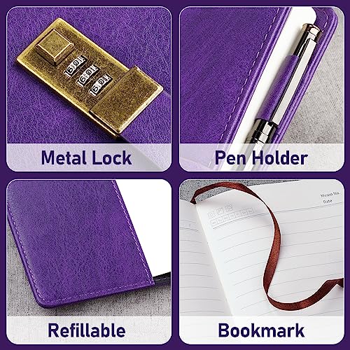 WEMATE Diary with Lock, A5 PU Leather Journal with Lock 240 Pages Purple | Vintage Lock Journal Password Notebook with Pen & Gift Box, Lock Diary Planner Organizer for Men and Women, 8.6x5.8in - color: Purple