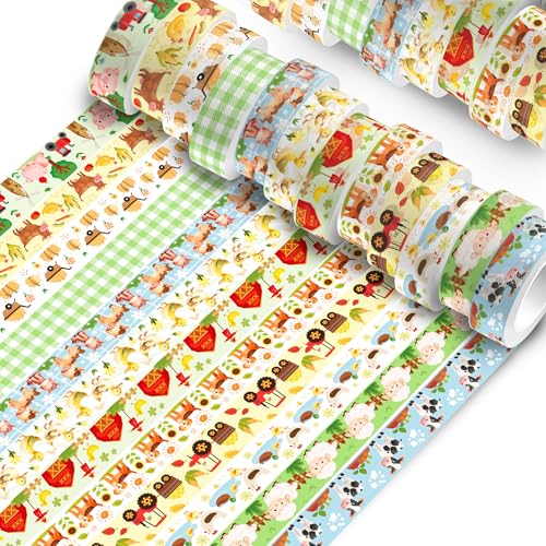 12 Pcs Farm Animals Washi Tape Set - Adorable Animal Patterned Decorative Masking Tape for Scrapbooking, Planner DIY, Craft Projects & Gift Wrapping