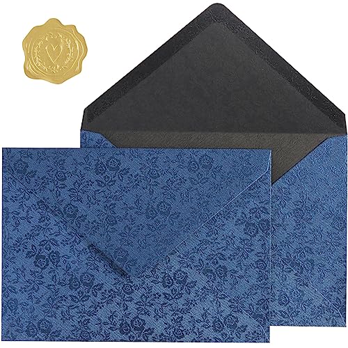 50 Pieces A7 Envelopes 5x7 with Gold Stickers, Rose, Navy Blue | Vines Flower Texture Pattern, V Flap Luxury Mailing for Invitations, Wedding, Graduation, Baby Shower - color: Rose - Navy Blue