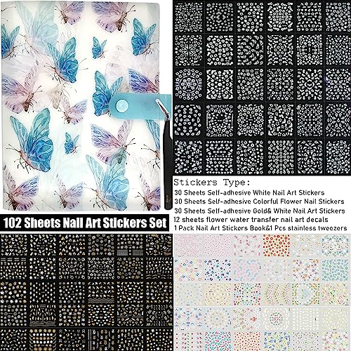 102 Sheets Nail Art Stickers & Storage Book,5200 Pieces 3D Self-Adhesive White Floral Nail Stickers with Rhinestones Designs,Multicolor Laser Gold Nail Decals for Women DIY Manicure Decorations - color: 102 Sheets Nail Stickers&storage Book Set