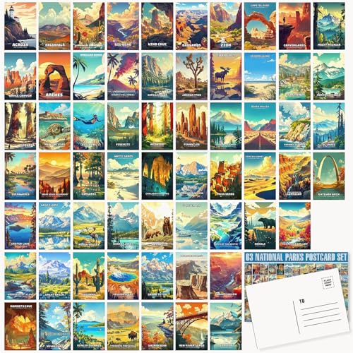 LCLAIDYDY 63 National Parks Postcard Set,Vintage Travel Posters Illustrations Postcards,U.S. National Parks Post Cards for Kids Students Teachers Mailing 4x6