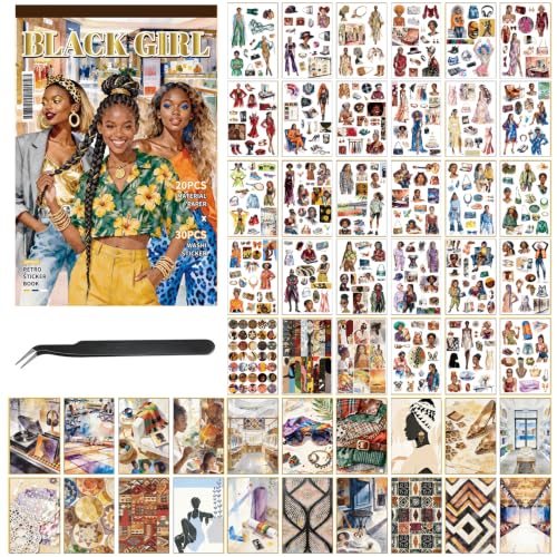 Black Women Sticker Book, 500+ Fashion Ladies and Clothes Shoes Bags Scrapbook Stickers for Junk Journals 20 A5 Scrapbook Papers, Retro Washi Sticker Book for Adults, Ephemera Scrapbooking Supplies - color: Black Girl