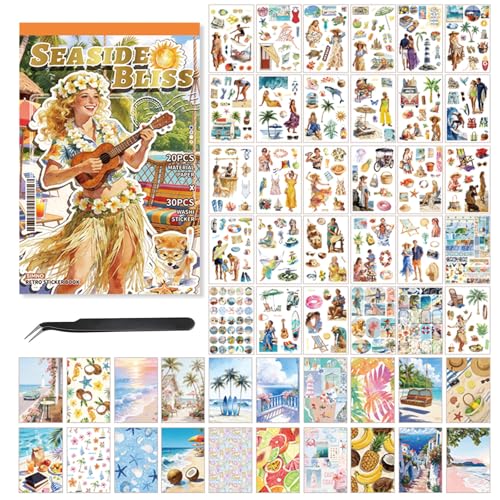 Summer Beach Scrapbook Sticker Book, 500+ Vintage Travel Stickers for Scrapbooking, 20pcs Aesthetic Scrapbook Papers for Adults Women DIY Bullet Junk Journals Supplies, Washi Stickers for Journaling - color: Beach Bliss